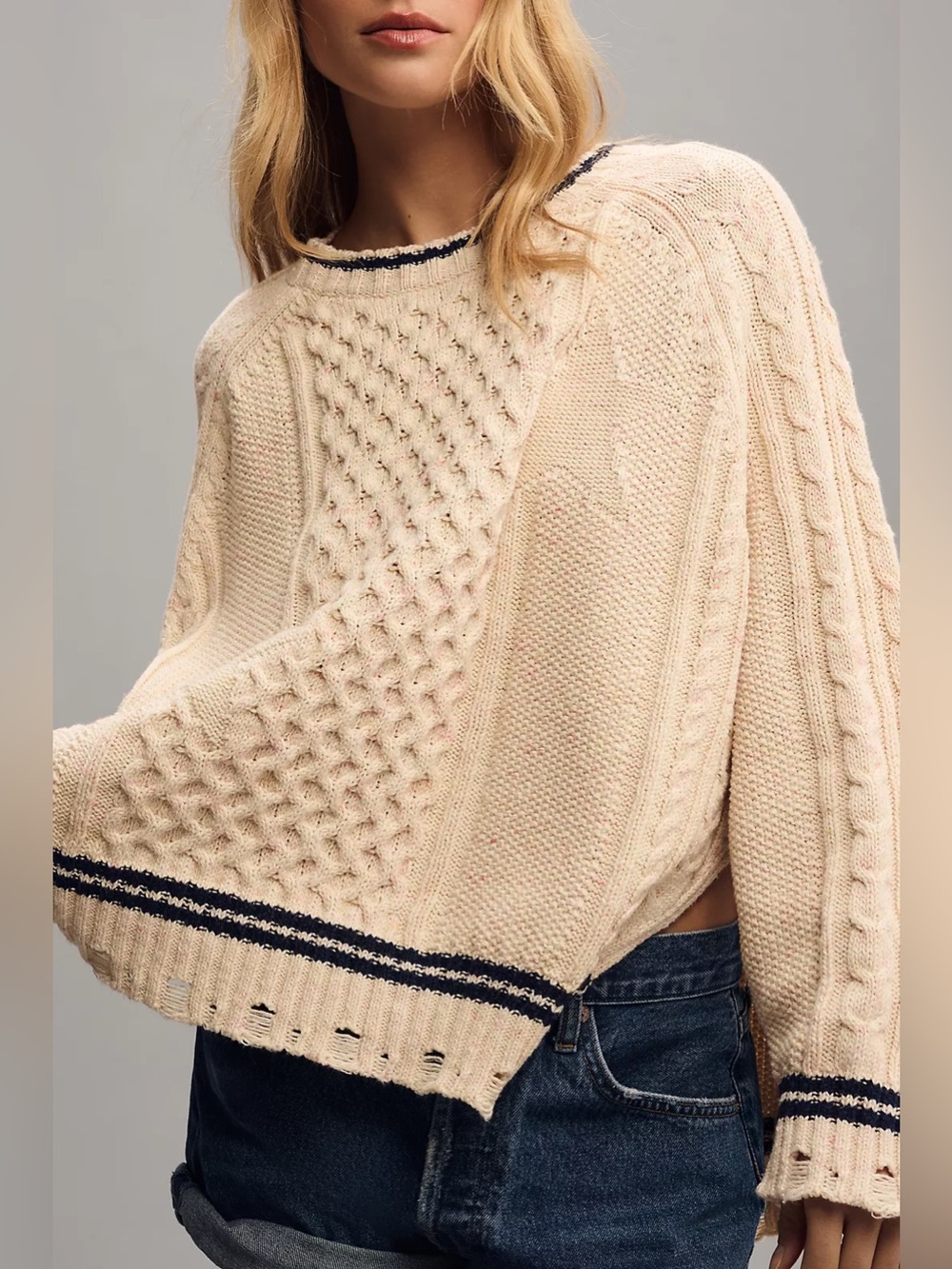ANTHROPOLOGIE PILCRO Varsity Cable Sweater with Black Trim
